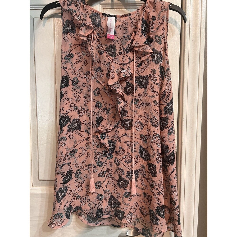 No Boundaries Womens XXL 2X 19 Boho Floral Ruffle Pink Teal Sleeveless Top NWOT